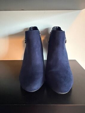Bandolino Navy Suede Ankle Booties with Buckle Accent